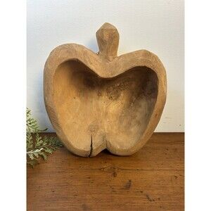 Vintage Hand Carved Wood Apple Shaped Bowl Trinket Dish Primitive Folk Art